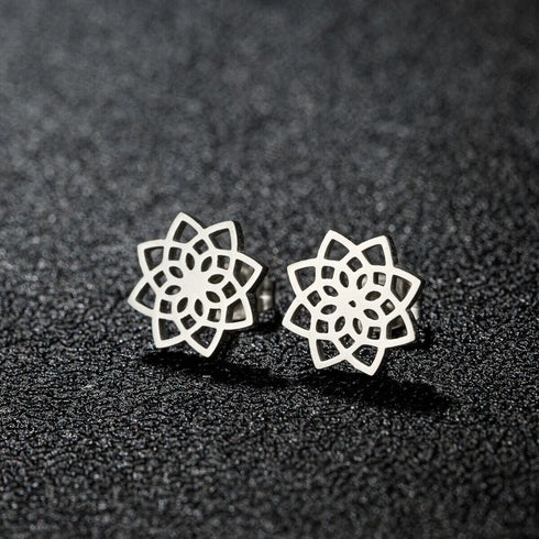 2 Pairs Titanium Steel Black Silver Lotus Mandala Flower Men Women Stud Earrings